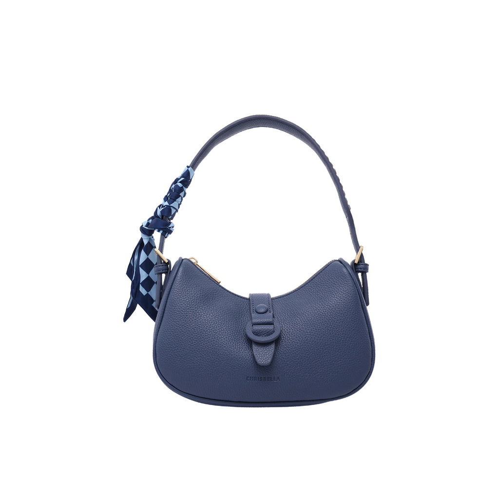 CHRISBELLA Women's Blue Hobo Shoulder Bag with Scarf Accent - Fashion Crescent Handbag