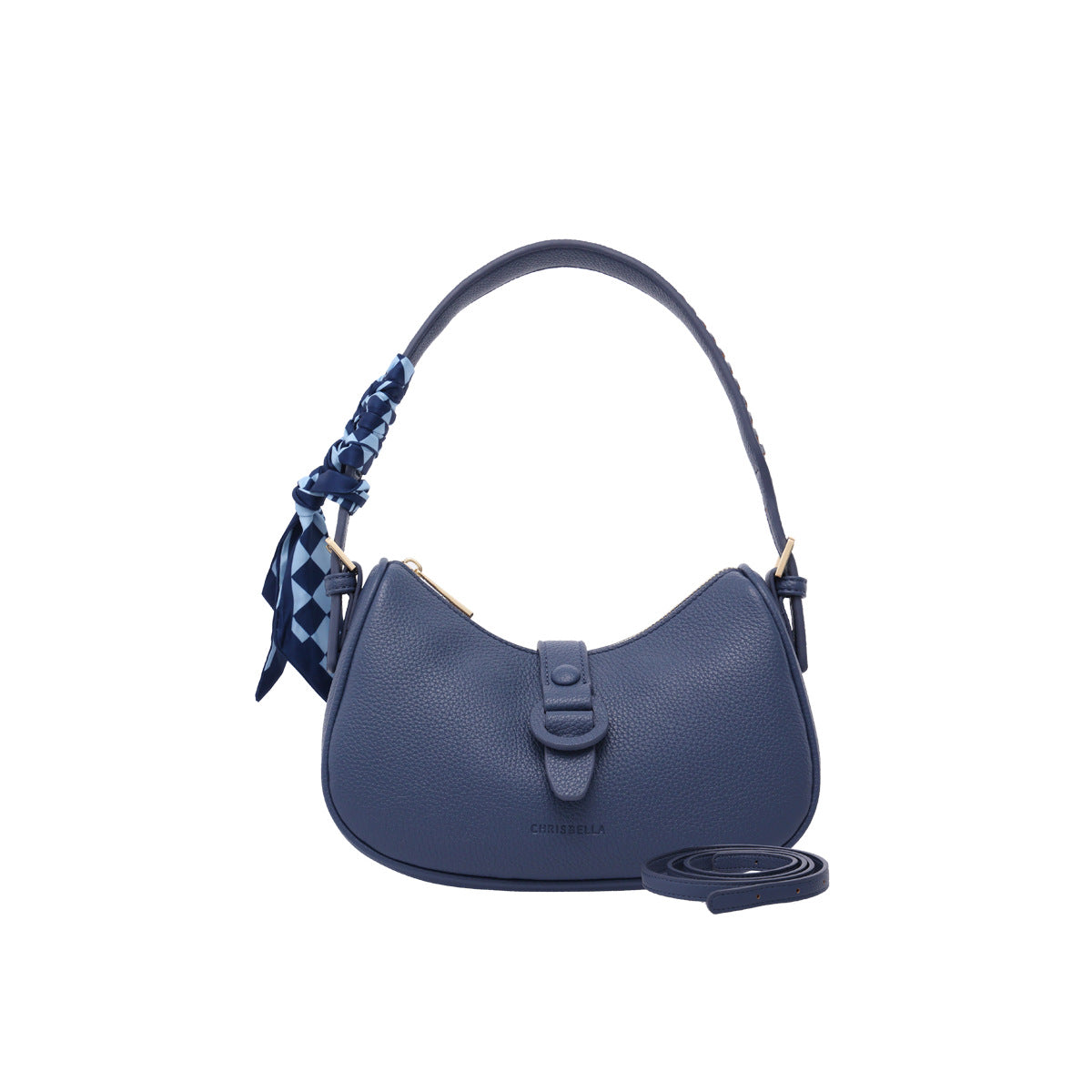 CHRISBELLA Women's Blue Hobo Shoulder Bag with Scarf Accent - Fashion Crescent Handbag