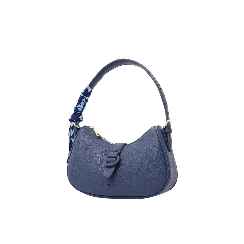CHRISBELLA Women's Blue Hobo Shoulder Bag with Scarf Accent - Fashion Crescent Handbag